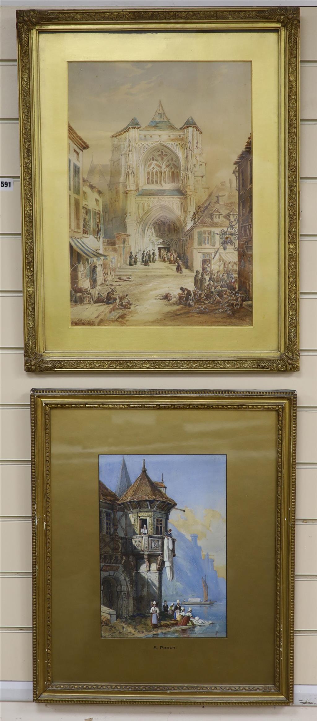 After Samuel Prout, watercolour, Lakeside houses, bears monogram, 33 x 22cm, and a watercolour of a Flemish cathedral, 45 x 31cm